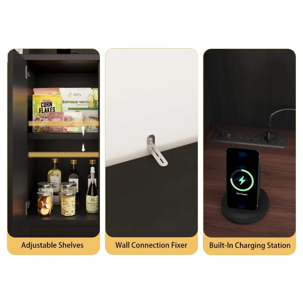 

71" Tall Kitchen Pantry Cabinet with Microwave Shelf Built-in Charging Station, Black Sliding Door Cabinet with Drawer Storage