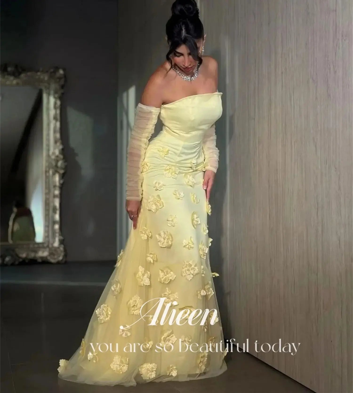 Aileen Yellow Off the Shoulders 3D Flowers Chubby Elegant Party Dresses on Offer Liquidation Evening Woman Gala Prom 2024 Dress