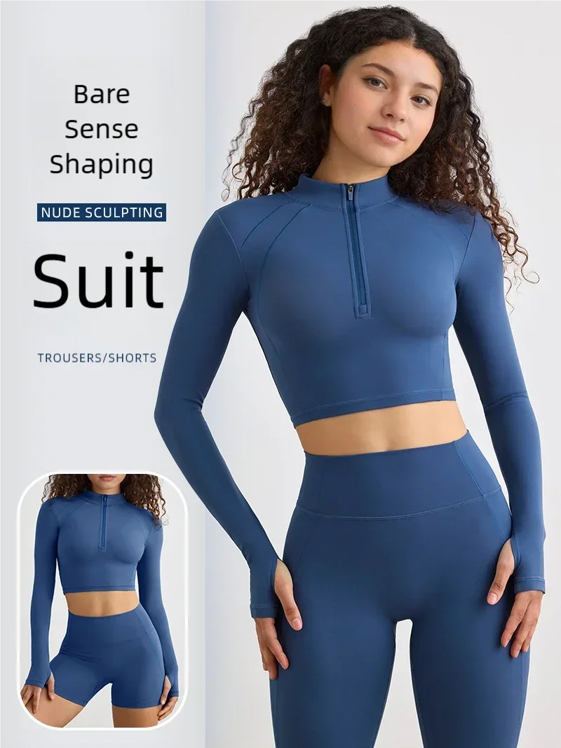 

Semi - zippered long - sleeve yoga top, tight - fitting running and gym sportswear, quick - drying yoga pants set for women