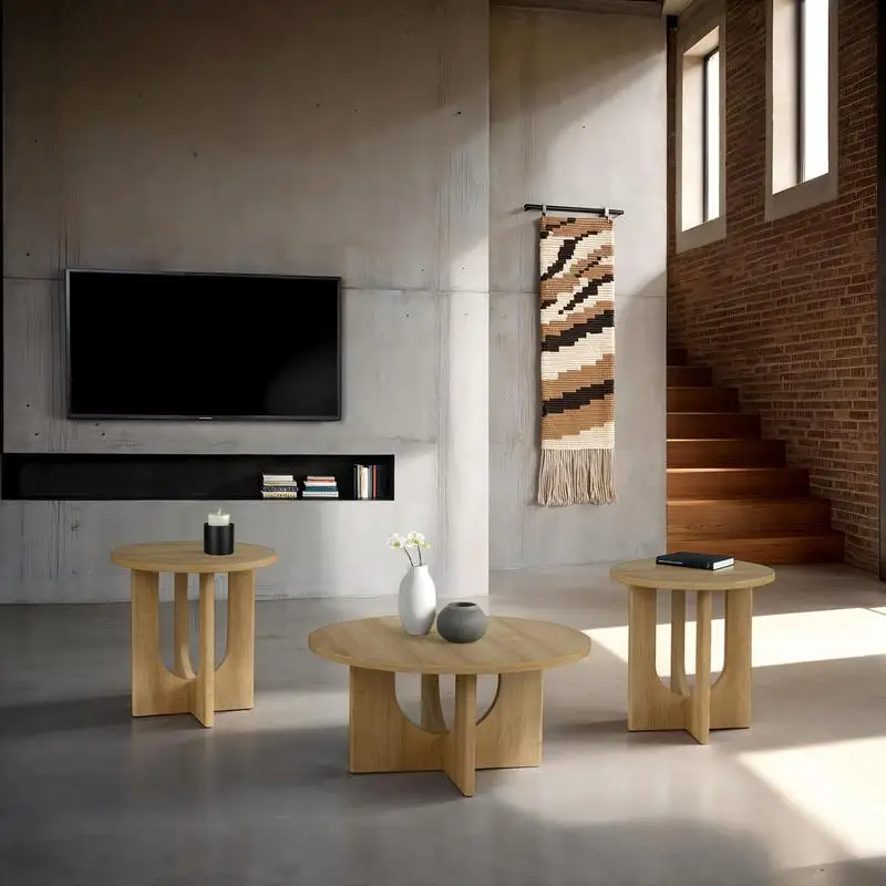 Juego de mesa contemporáneo de 3 piezas: mesa de centro redonda y 2 mesas auxiliares redondas con base de arco cruzado y acabado natural