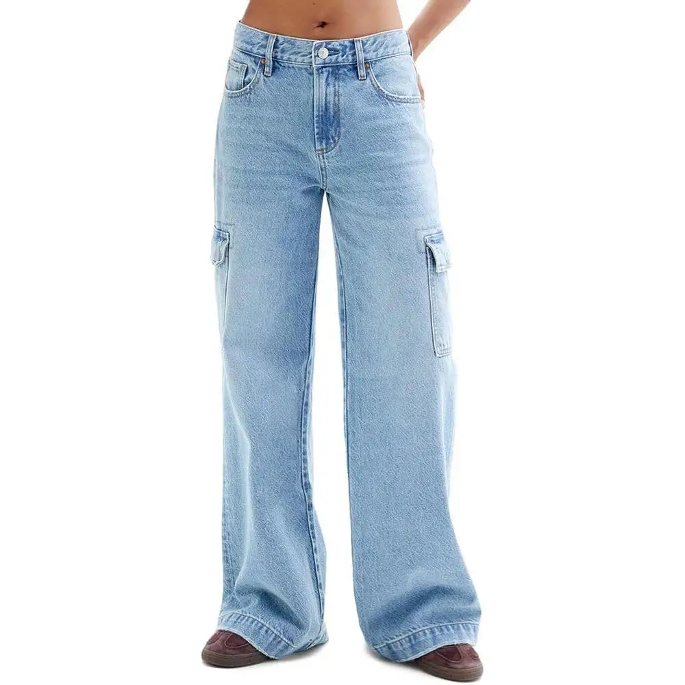 

Loose Casual Women's Denim Jeans with Large Pockets Flip Cover Straight Leg High Waist Elastic mid Spring Autumn Winter