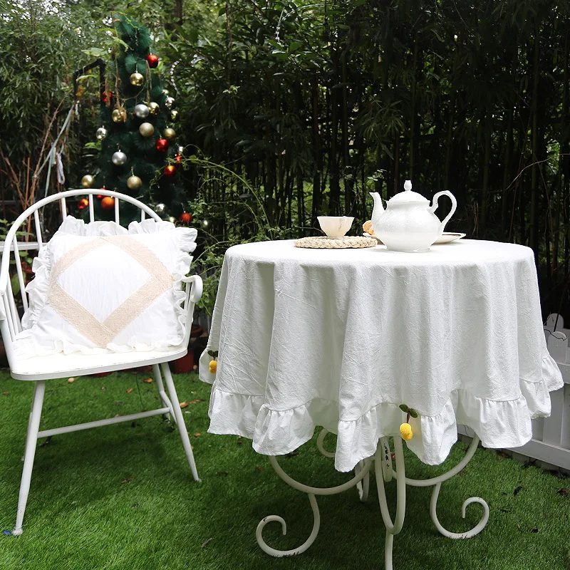 

Farmhouse Rustic Ruffle Tablecloth Washable Natural Cotton Round Table Cover for Kitchen, Wedding, Restaurant, Party Decoration