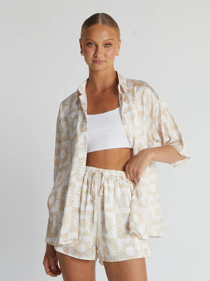 Marthaqiqi Casual Printing Ladies Nightwear Set Turn-Down Collar Nightie Long Sleeve Sleepwear Shorts Loose Pajamas 2 Piece Suit
