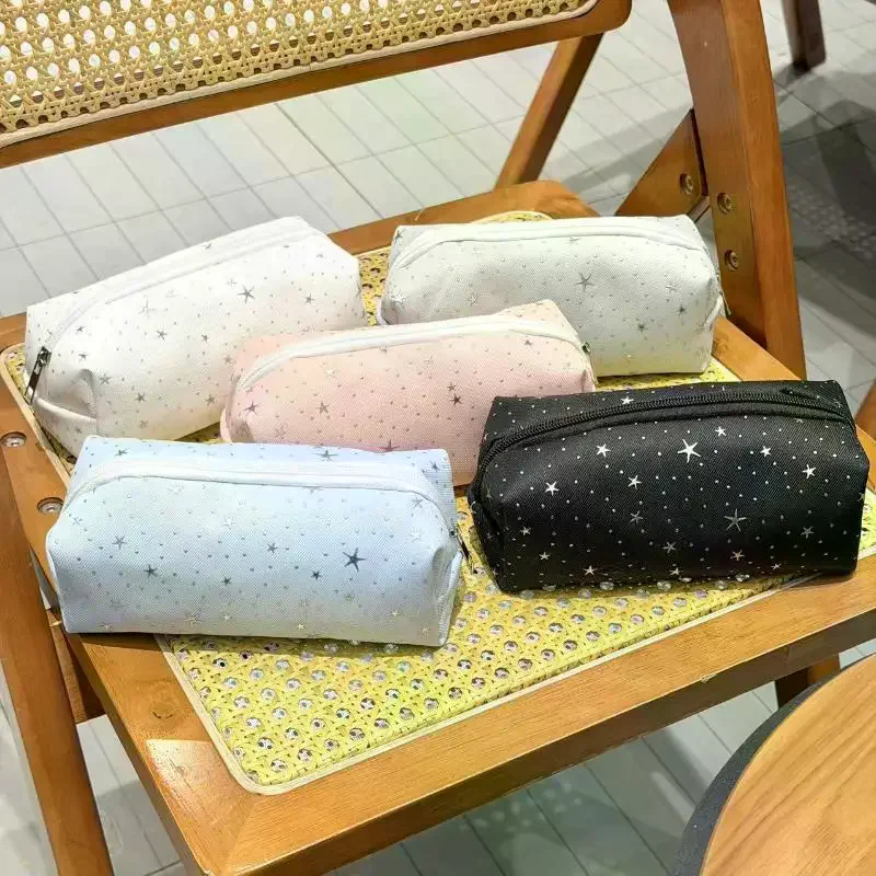 Multicolor Star Print Canvas Pencil Case Multi-functional Portable Zippered Pen Pouch Large Capacity Portable Cosmetic Bag