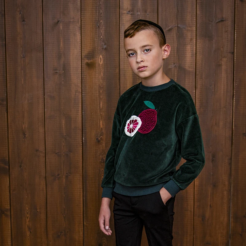 New Fall Family Clothes Fruit Embroidery Kids Green Velour Girls Dress Boy Casual Top Baby 2PCS Set Autumn Winter Long Sleeves
