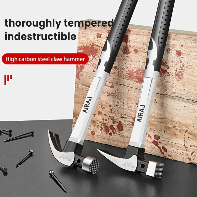 AIRAJ Claw Hammer Stainless Steel Long Handle Double Nail Groove Hammer Labor-Saving Anti-Skid Multifunctional Manual Tool