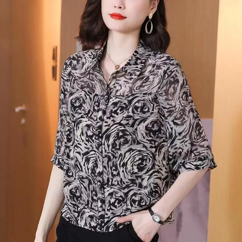 Office Lady Elegant Turn-down Collar Blouse Vintage Rose Printed Summer Casual Half Sleeve Women\'s Stylish Single-breasted Shirt