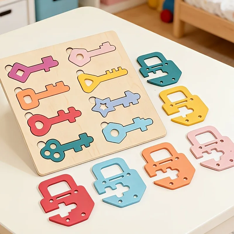 8pcs Colorful Key Pairing Color Recognition Unlocking Skills Wooden Puzzles Toys Birthday Gift Easter Gift