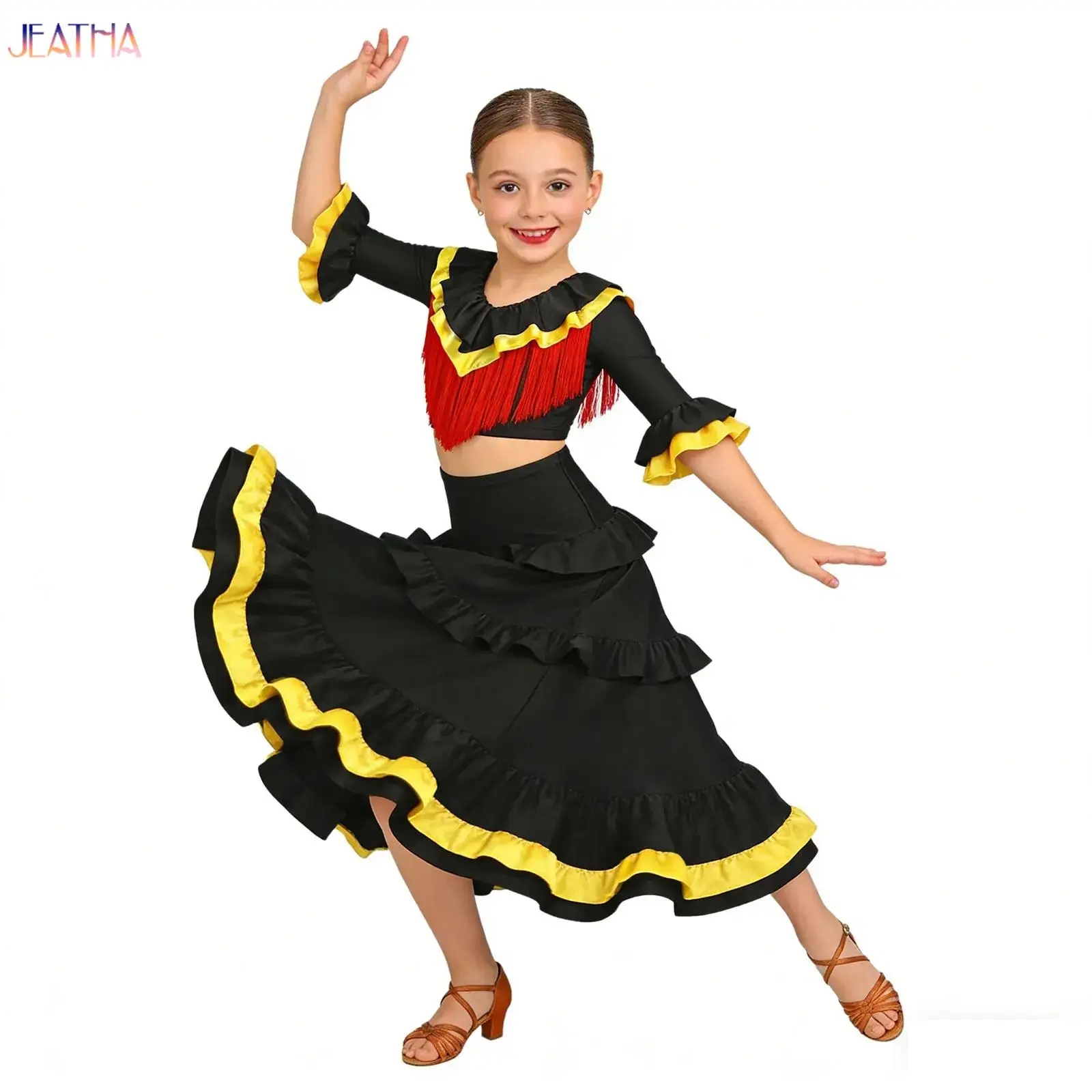 

Spanish Flamenco Costume Kids Girls Ballroom Long Tiered Ruffles Skirt for Girls Child Dance Performance Dresses Dancewear Sets