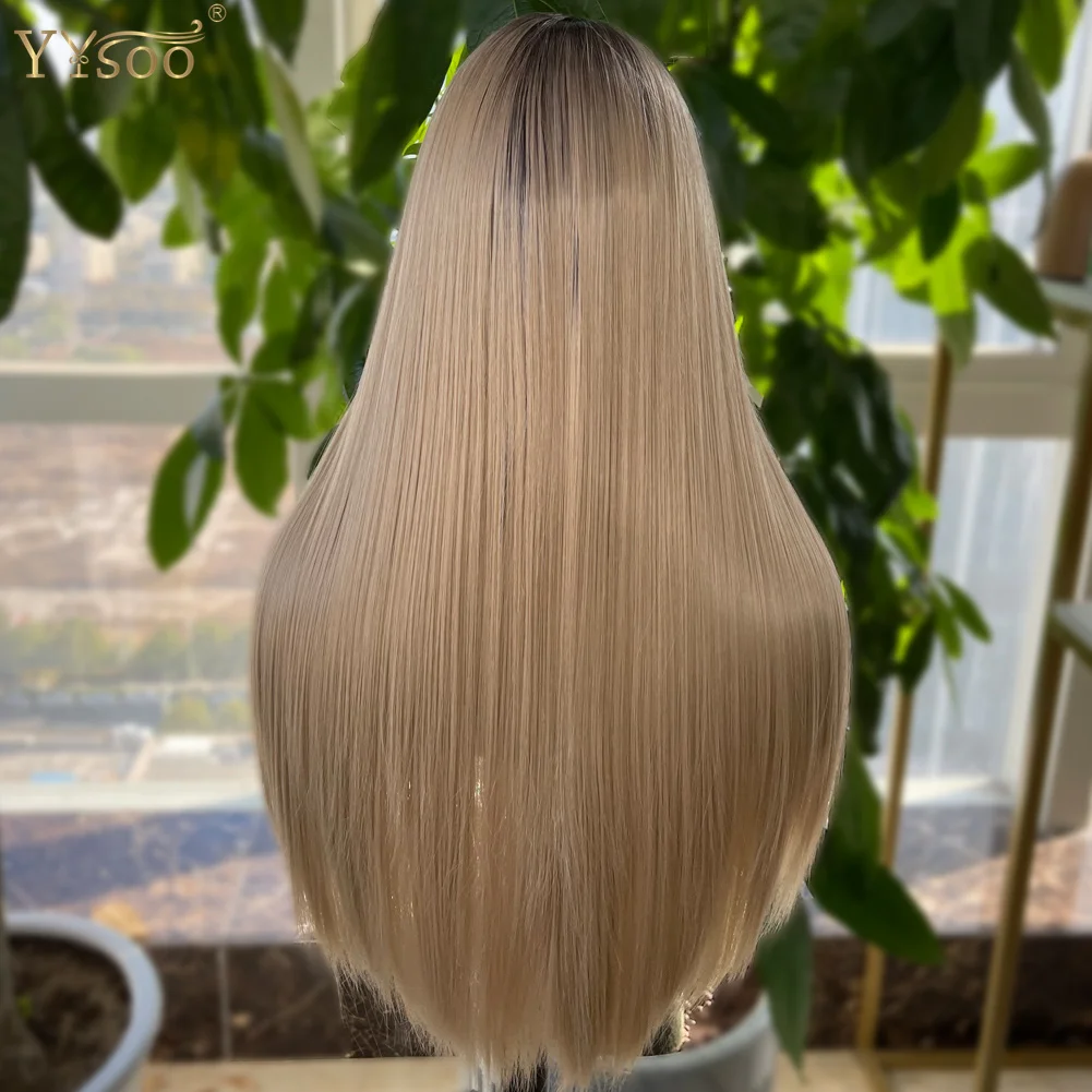 YYsoo Long Silky Straight Ombre Color Synthetic Full Lace Wigs Heat Resistant Japan Futura Hair All Hand Tied Wig Dark Roots