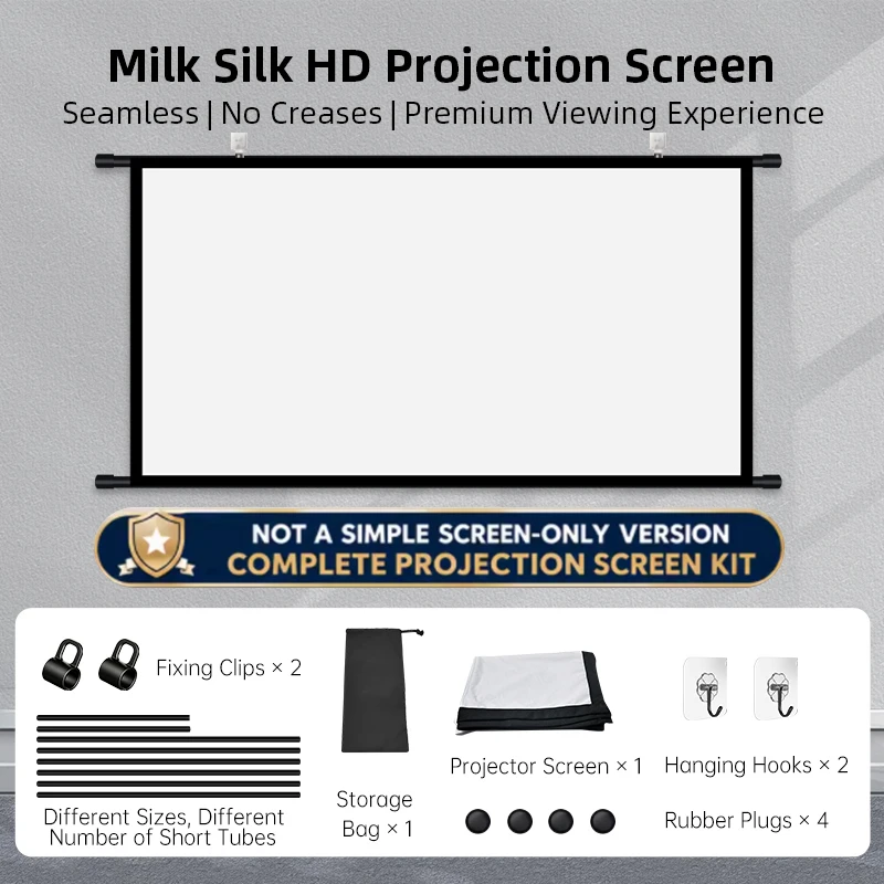 Projector Screen Wall Mounted 84-120 inch High Density White Wrinkle-Free 160° Viewing Angle Screen Home Theater Indoor