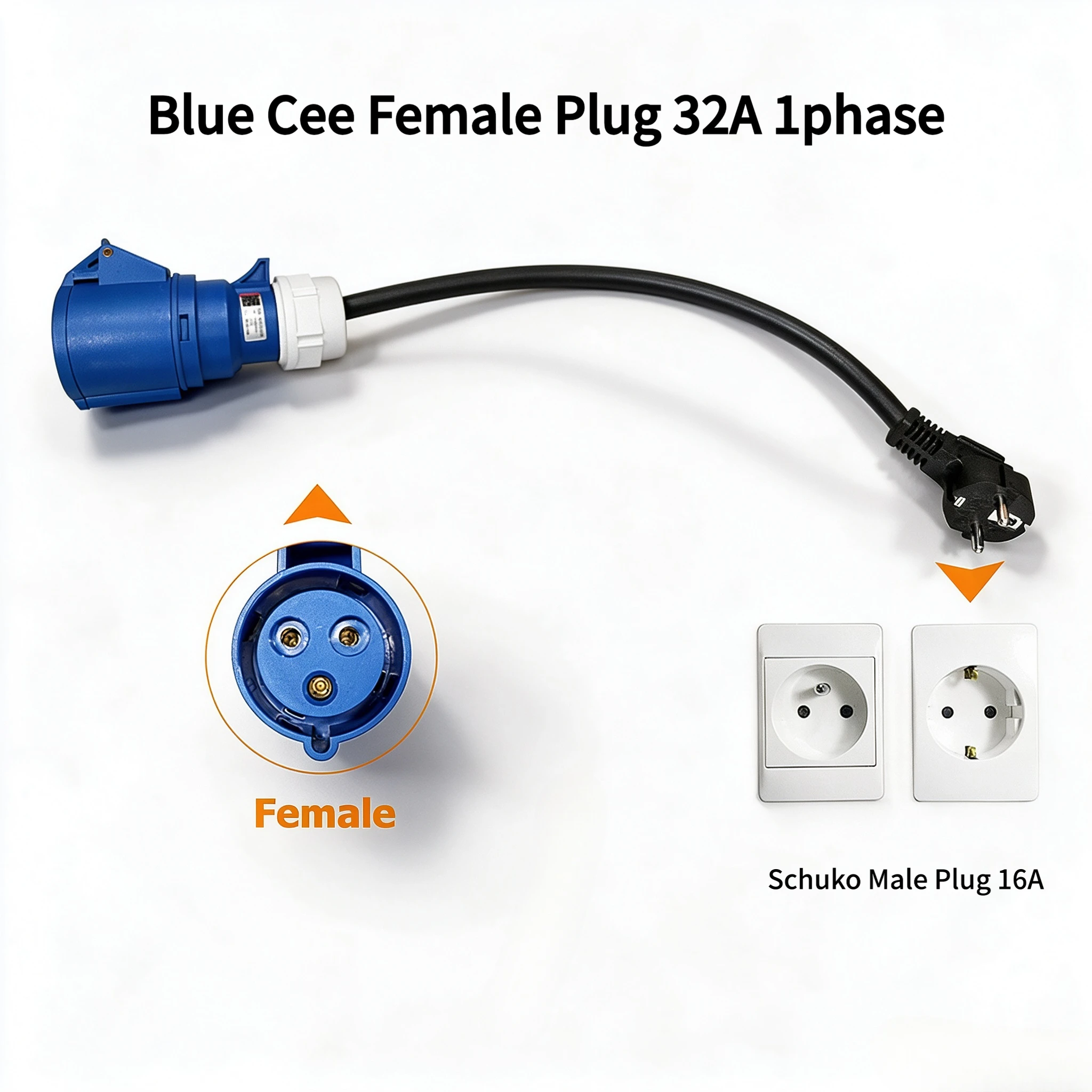 32A Blue CEE Female to 16A EU Schuko Plug EV Charging Adapter 7KW EV Charger Down to 3.5KW Portable Electric Vehicle Charger