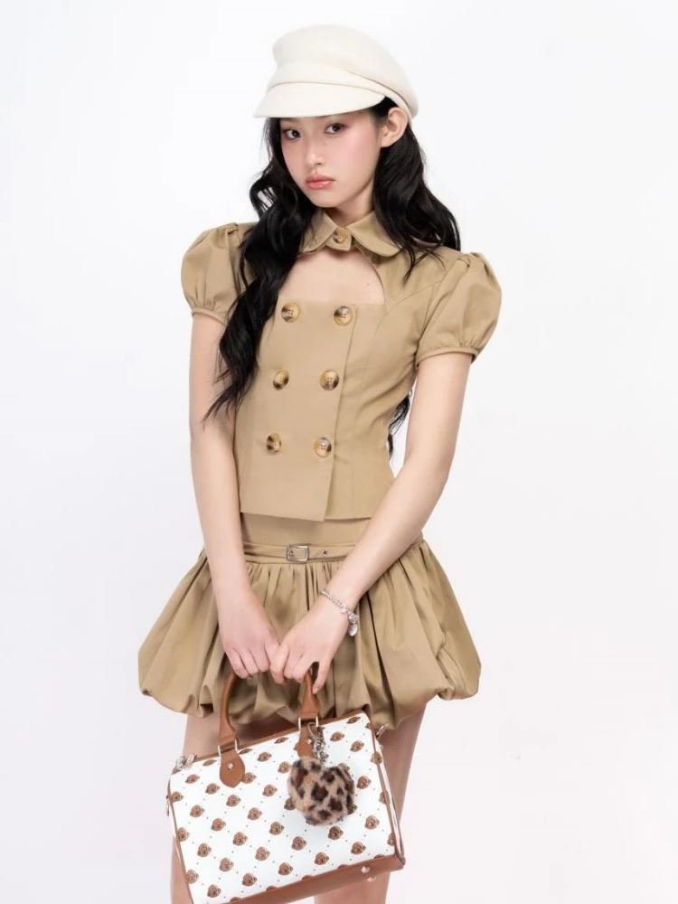 Women Skirt 2 Piece Set Women Retro Double Breasted Hollow Out Bubble Sleeve Top + Mini A-line Skirts Suits Evening Daily Sets