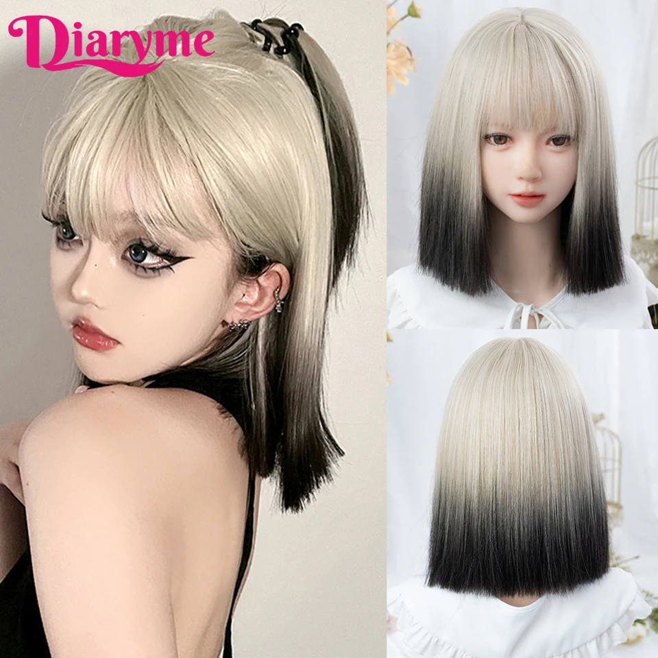 

Short Straight Synthetic Cosplay Wig Female Gold Ombre Black straight Bob Hair Wigs Sweet Blond Wig Lolita Bangs Wig Party Wigs