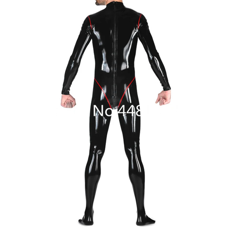 

Latex Catsuit with Red Body Line Rubber Coveralls Sexy Bodysuit Attached Latex with Socks Custom Made for Men Wear