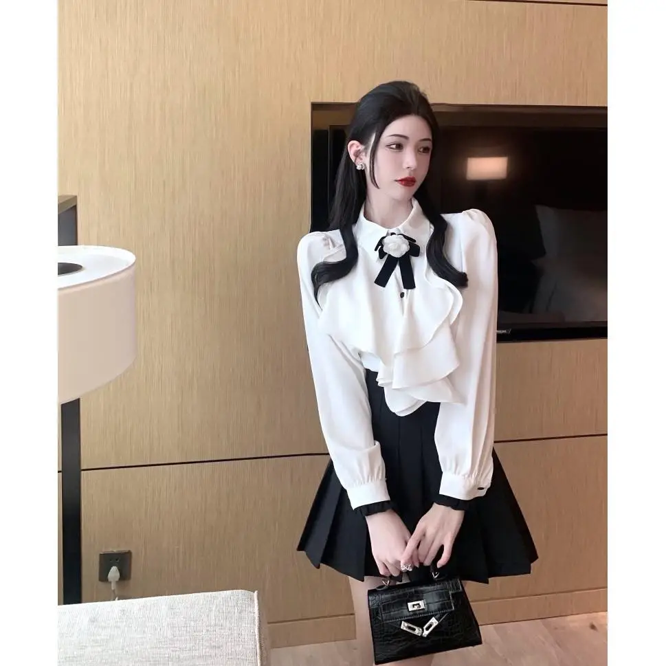 Xiaoxiangfeng Mountain Camellia Top New Lotus Leaf Edge Palace Style Elegant Lady Shirt