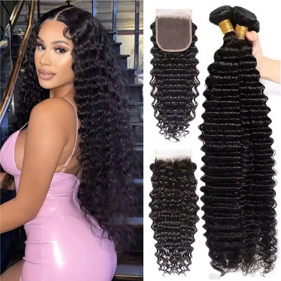 

30-дюймовые пучки глубоких волн с застежкой 4x4 Кружева для женщин 100% плетение человеческих волос Натуральные девственные вьющиеся пучки волос с фронтальной частью