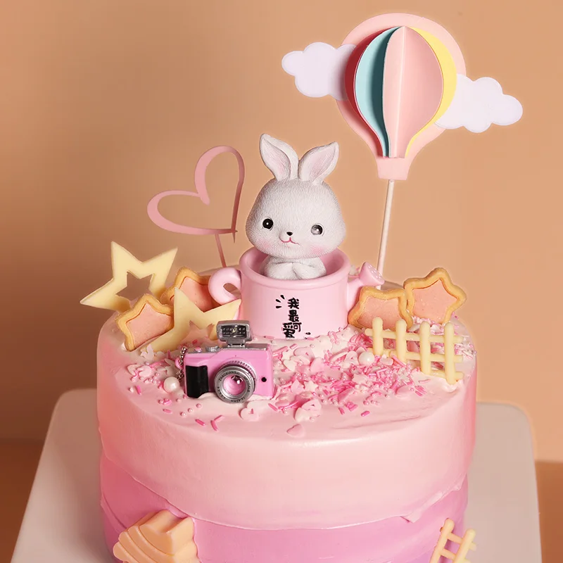 Baby Birthday Cute Rabbit Cake Topper Decoration Pink Hot Air Balloon Card Wedding Party Dessert Table Baking Supplies Kids Gift