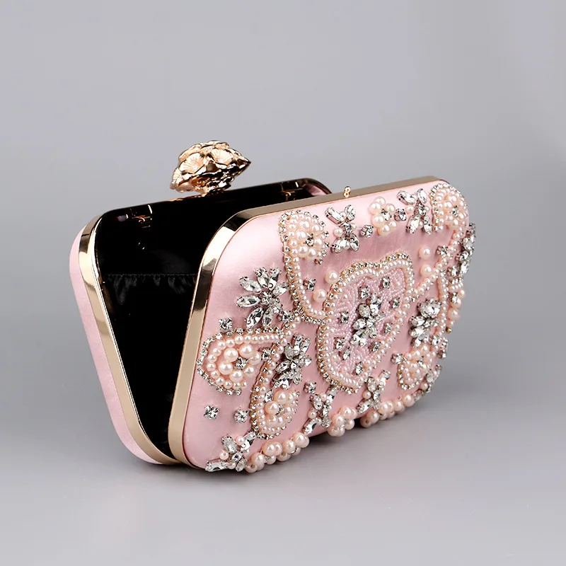 Pink Satin Fashion Women Evening Bags Luxury Diamonds Clutch Rhinestones Chain Shoulder Handbags Bolso Mujer Wedding Party Purse