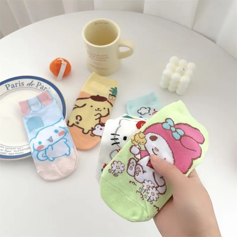 

5pairs Sanrio Hello Kitty Socks Anime Short Harajuku Boat Socks Cartoon Kawaii Cute Women's Print Cotton Stockings Wholesale