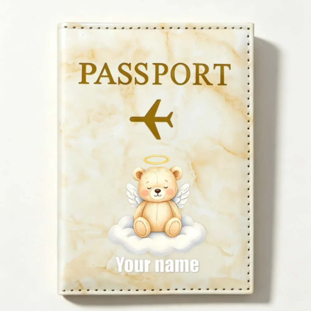 Personalized Name/Initials Angel Bear with Wings & Clouds Passport Holder, Cute Travel Document Passport Book Case