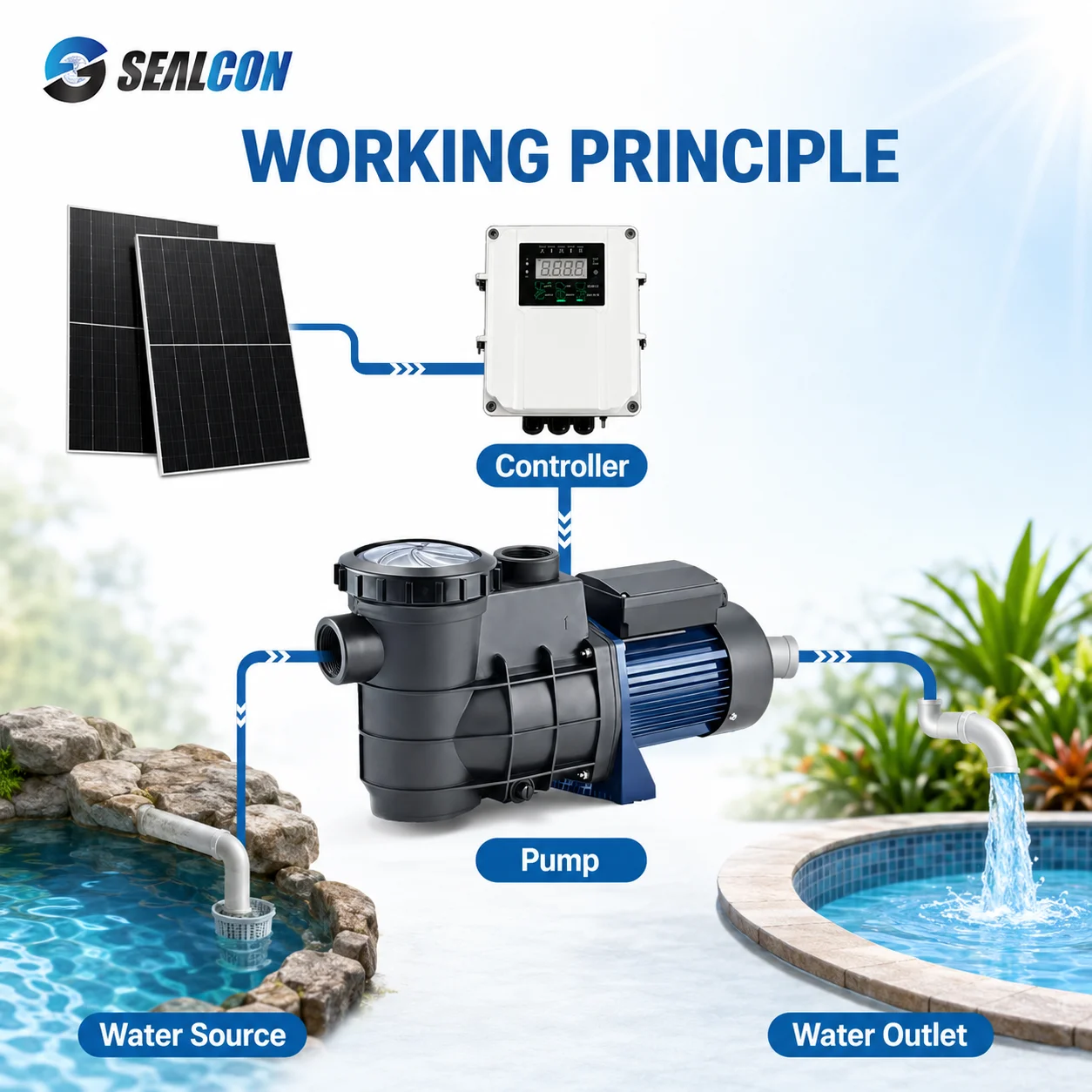 1200W 1.6HP DC Solar Water Pump High Pressure Brushless Motor Brass Impeller Solar Powered Pool Circulation Pump