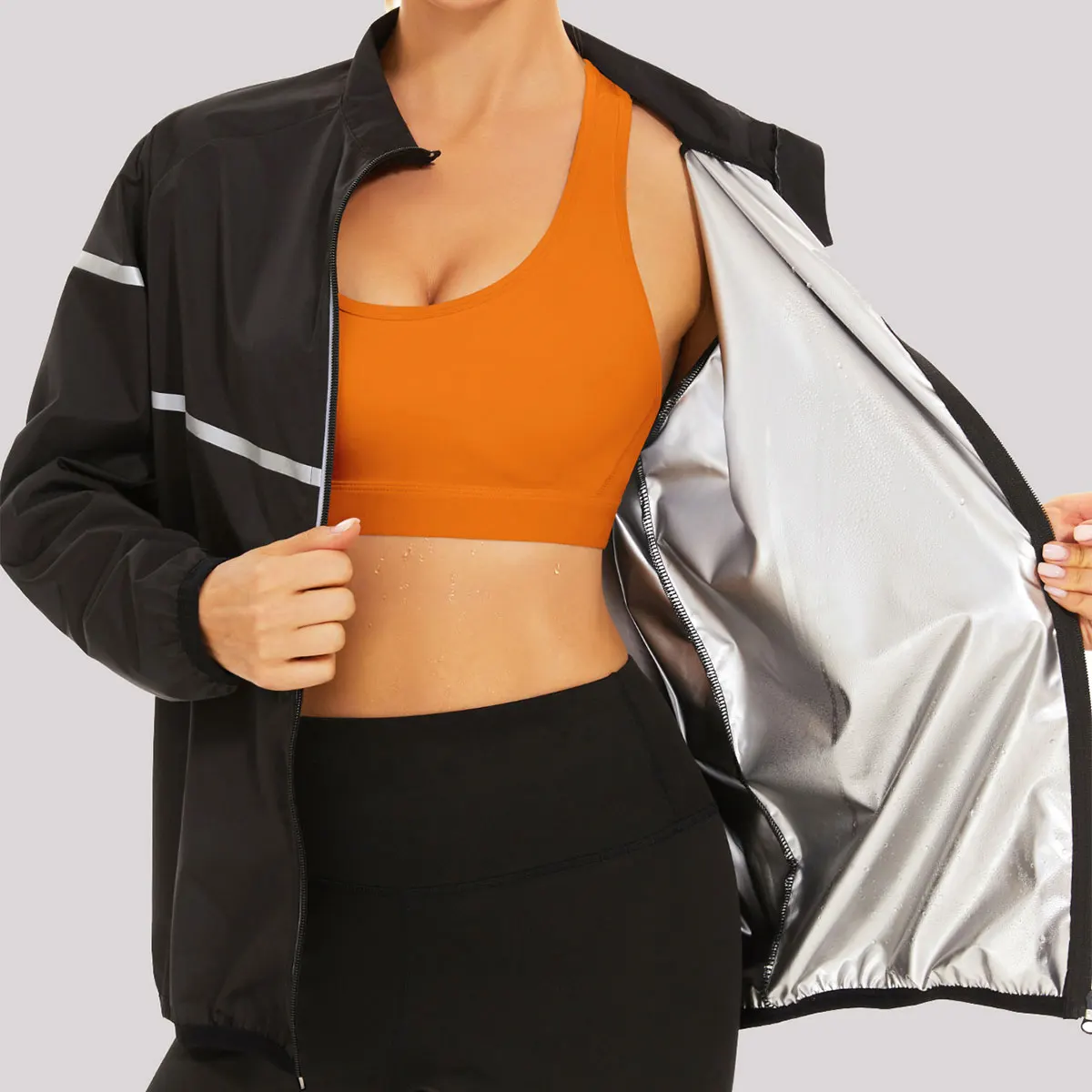 Women's Sauna Suit-Long Sleeve Shirt Jacket Exercise Corset Zipper Top Slim Fitness Trainer Gym