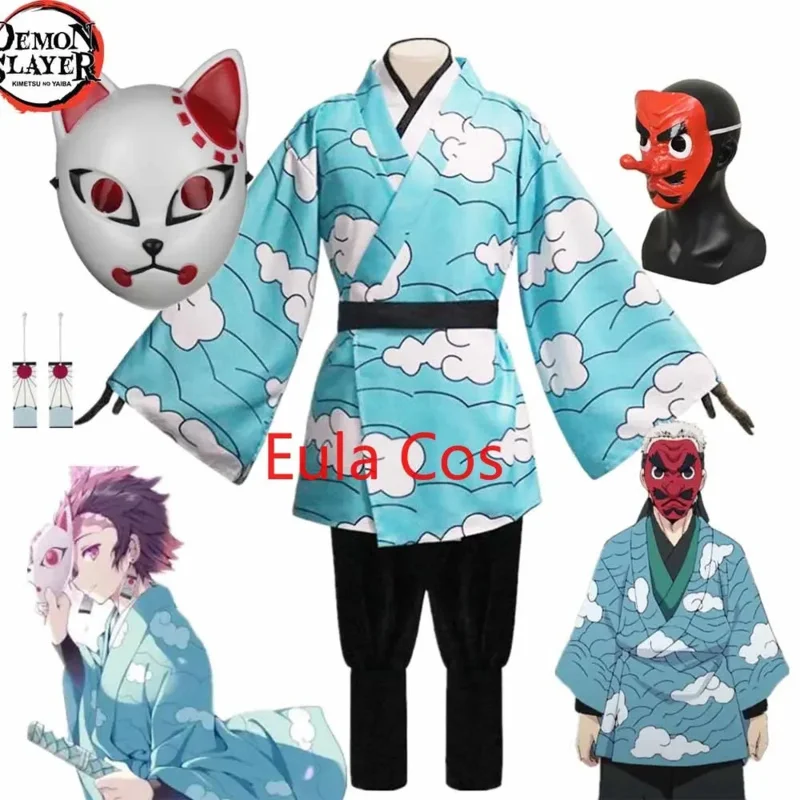 

Kimetsu no Yaiba Kamado Tanjirou Urokodaki Sakonji Anime Cosplay Costume Kimono Sky Blue Uniform Clothes
