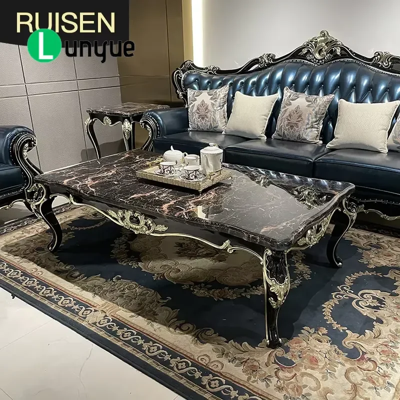 French Solid Wood Coffee Table European Rectangular Marble Top New Classical Style Living Room Furniture Durable Elegant
