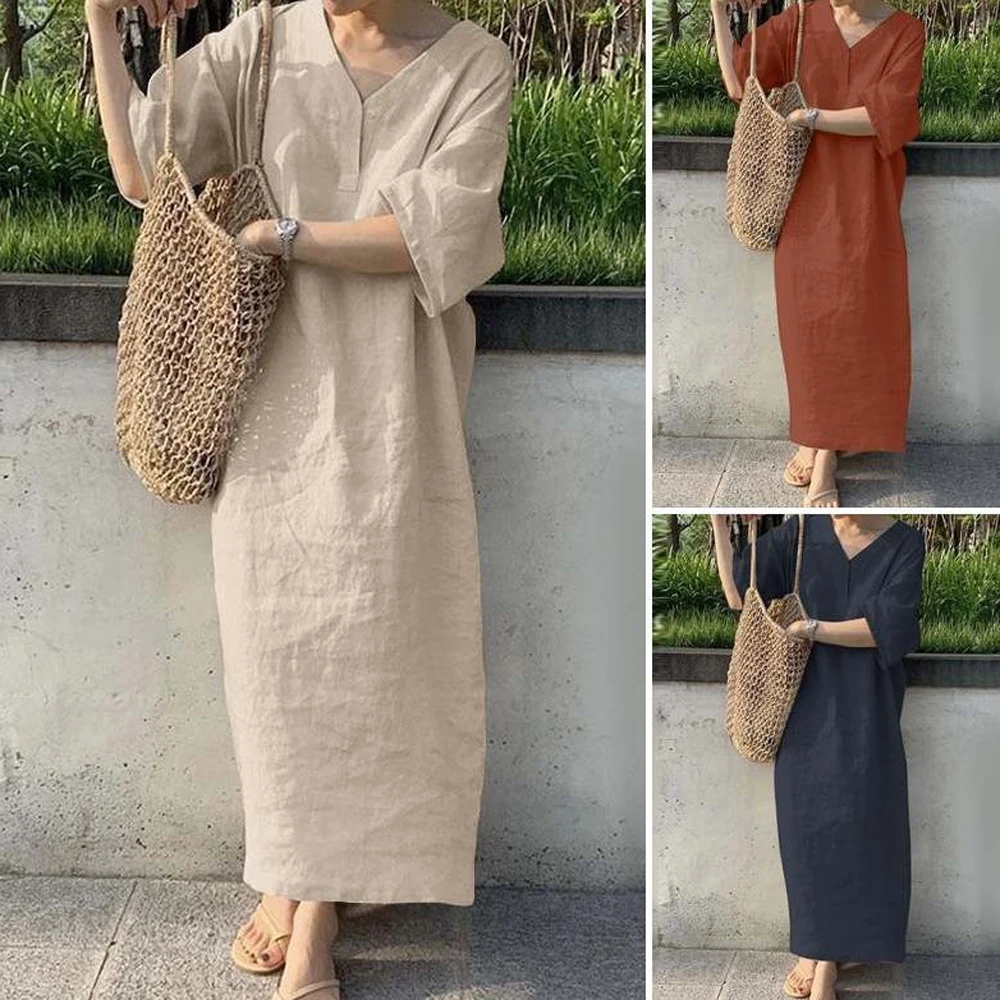 Women V Neck Button Short Sleeve Loose Maxi Dress Summer Female Holiday Beachwear Sand Straight Cotton Linen Party Dress