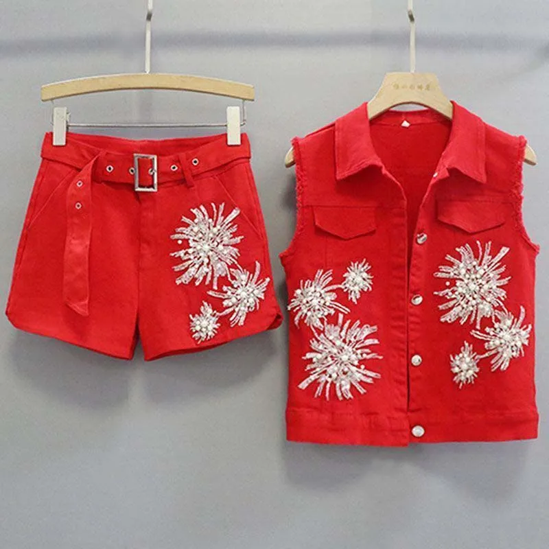

2026 Spring Summer Two piece Women's Denim set Streetwear New Korean version Sequin nail bead Embroidery vest+Shorts Casual wear