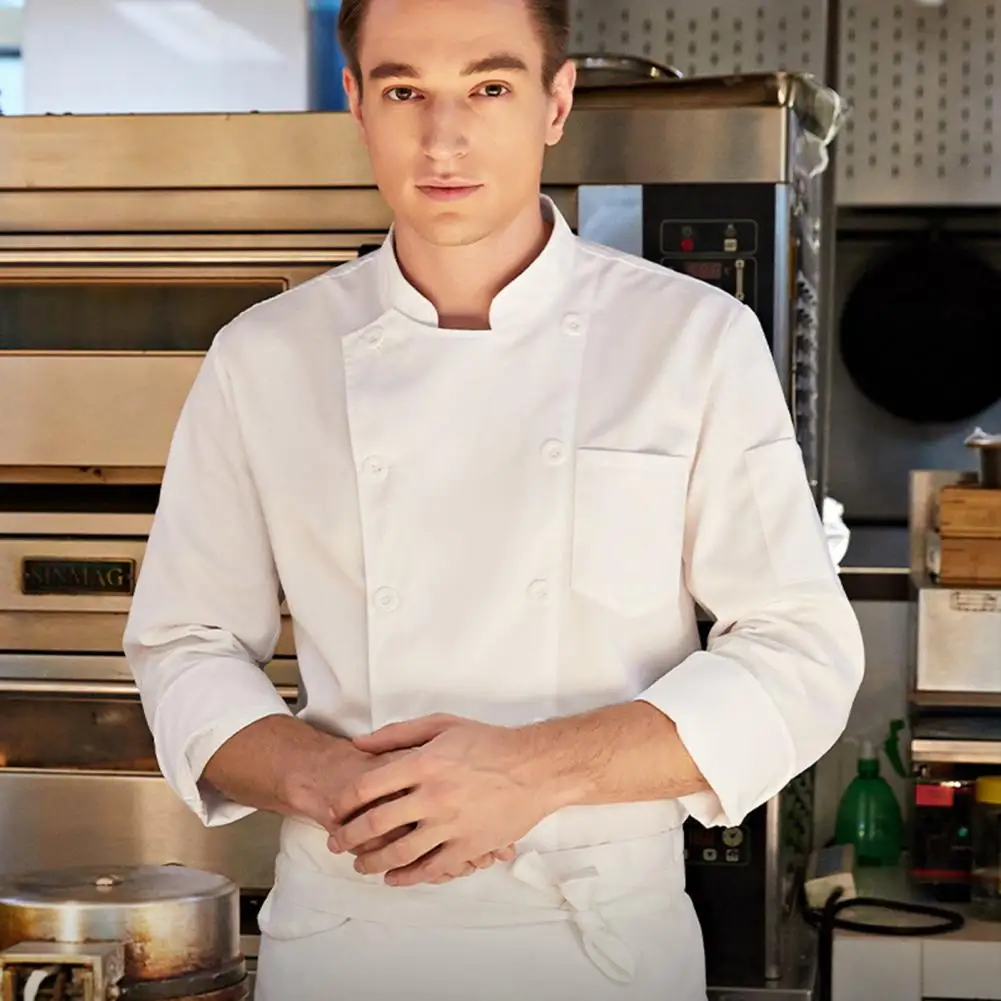 Chef unisex de botão para baixo, camisa resistente a manchas, manga comprida, gola, apto para cozinha, padaria, restaurante, garçons