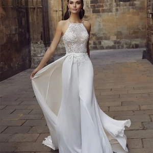 Boho Jumpsuit Hochzeitskleid ohne Rückenless Chiffon Spitzen Brautkleider für Frauen 2025 Land Brautkleider gemacht auf Bestellung gemacht 11 Hauptverkaufskleid für Verlobungschiffon - №2