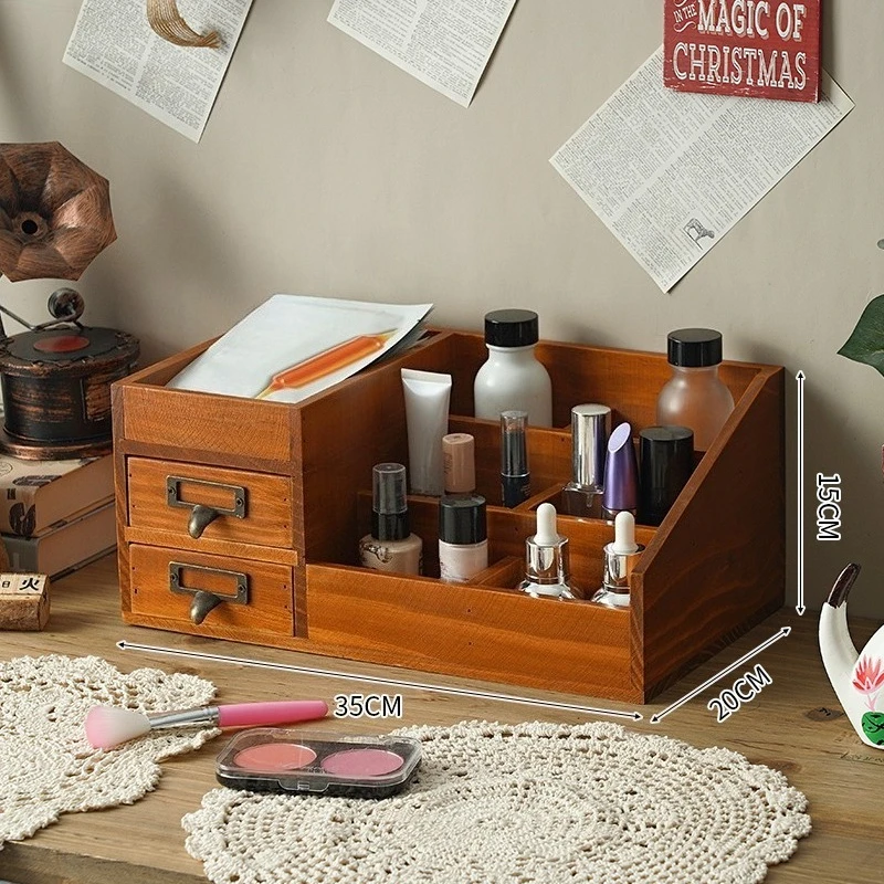 1 PC Vintage Wooden Drawer Cosmetic Storage Perfume Organizer Desk Dressing Table Mask Lipstick Multi Compartment Makeup Tray