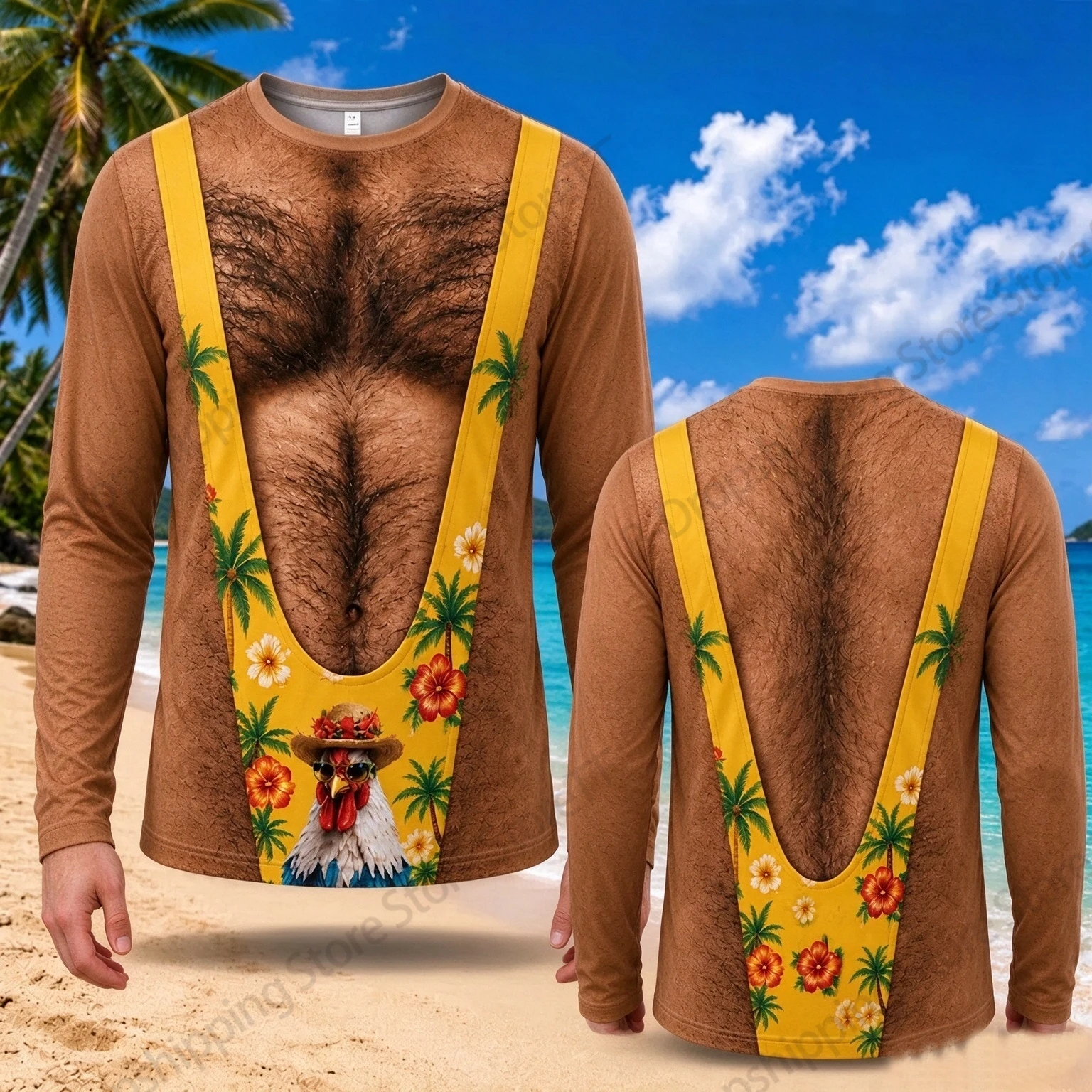 Mens Funny Muscle Long Sleeve T-shirt Fake Chest Hair Cock 3D Print Tshirt Men Women Fashion Oversized Tops Tee Camisetas Hombre