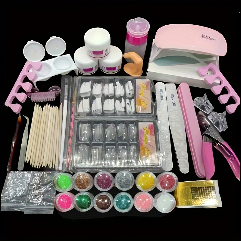 Kit profissional de unhas em gel com lâmpada LED, broca para unhas, conjunto de pó e líquido acrílicos, pontas de unhas postiças, ferramentas para nail art com qualidade de salão.