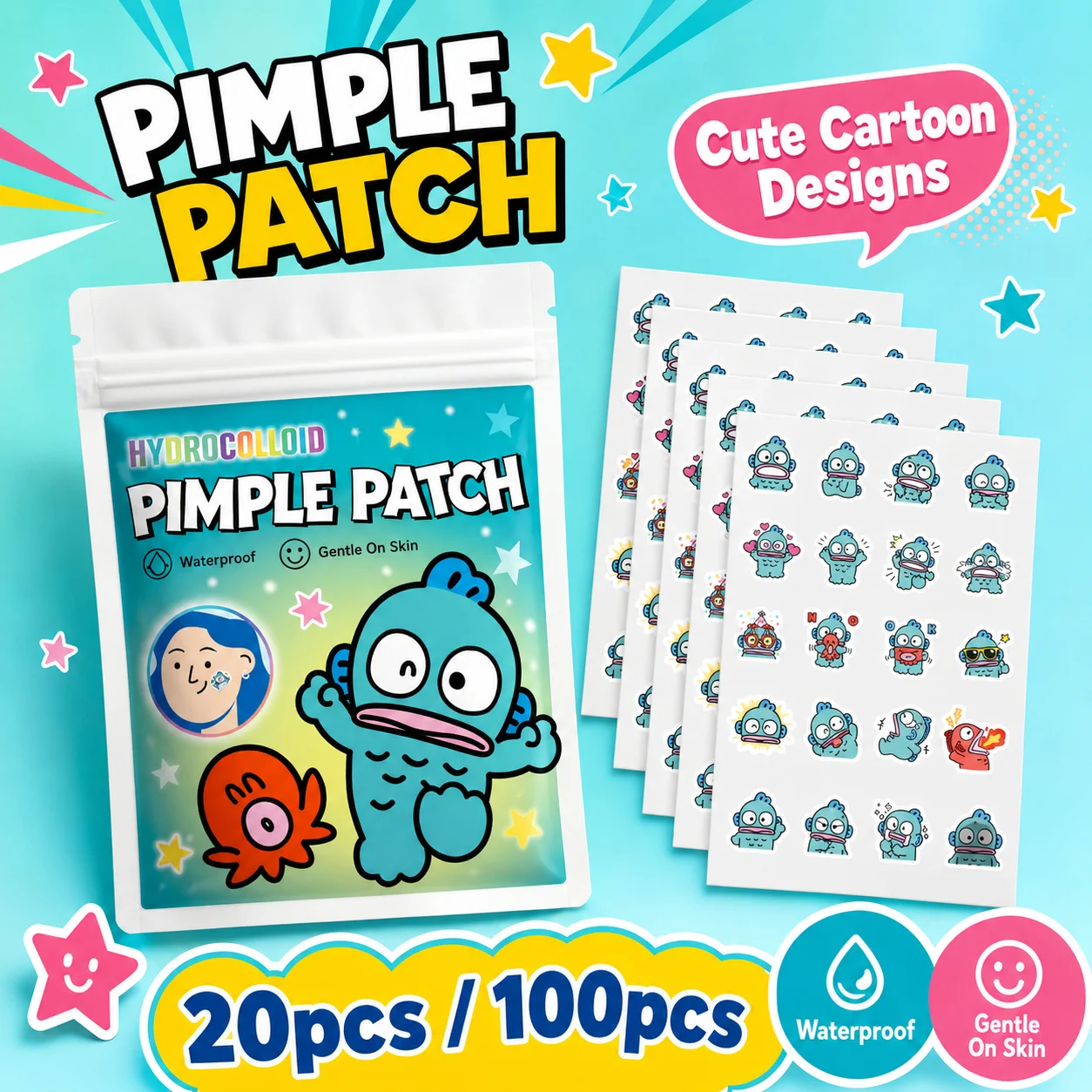 20/100pcs- Pimple Patch Hangyodon Series, Waterproof Acne Spot Sticker, Invisible Face Care Patch for Daily Skin Care