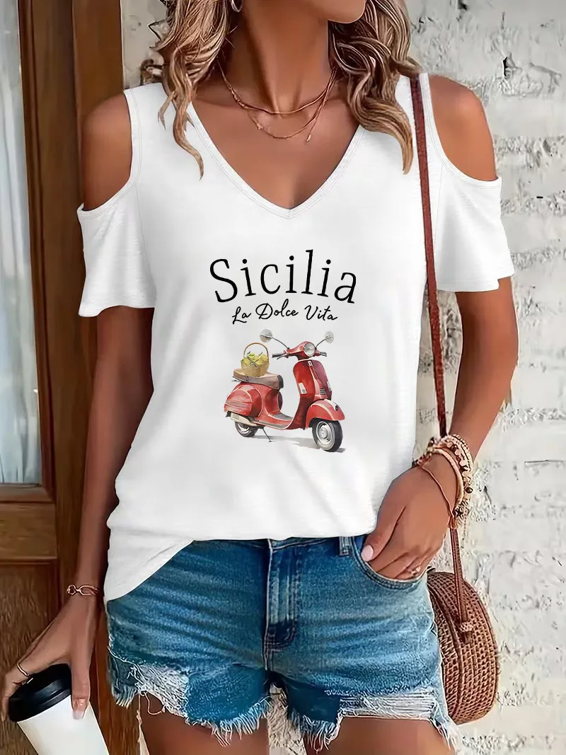 V-Neck La Dolce Vita T-shirt Short Sleeve Graphic V Neck T Shirt Casual 90s Off-Shoulder Summer Spring Women's Clothing Shirt