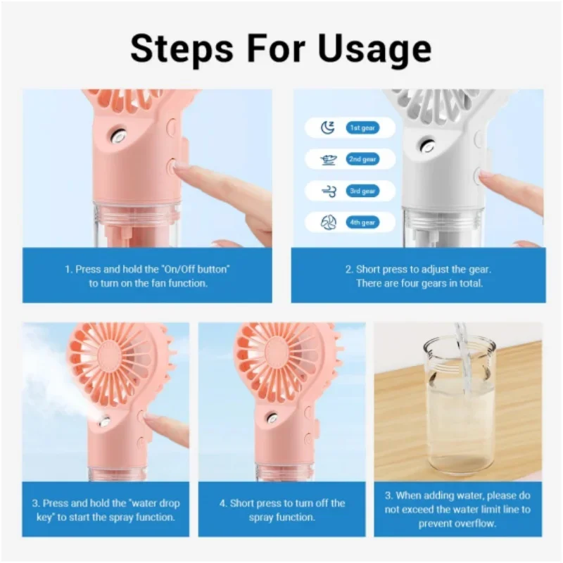 Portable Water Mist Fan USB Charging Handheld Mini Quiet Air Cooling Fan 4 Speed Humidification Spray Fan for Home Office Dorm