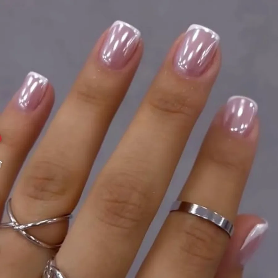 

Chrome French Tip Press on Nails Extra Short Square Shaped Fake Nails Glossy Pink False Nails with Designs Full Cover Acrylic N