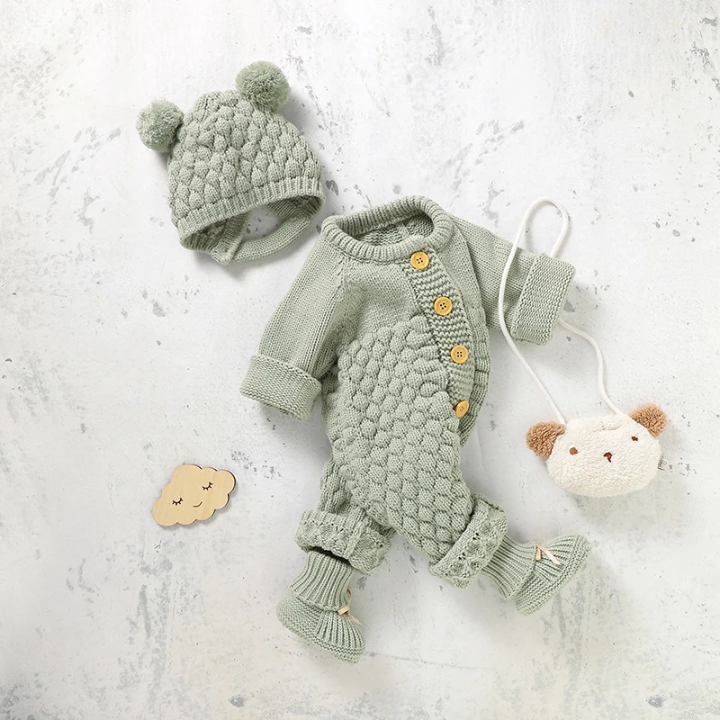 Newborn Baby Romper Shoes Gloves Set Knit Girl Boy Jumpsuit Boot Mitten Solid Toddler Infant Long Sleeve Clothing 4PC Fall 0-18M