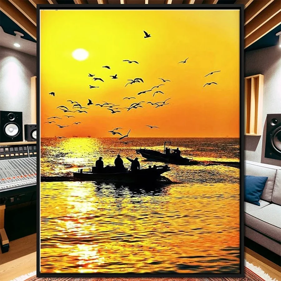 Diamond Embroidery Nature Sunset Sea Landscape Fishermen and Seagulls full Drill 3d Rhinestone Pictures Decoration