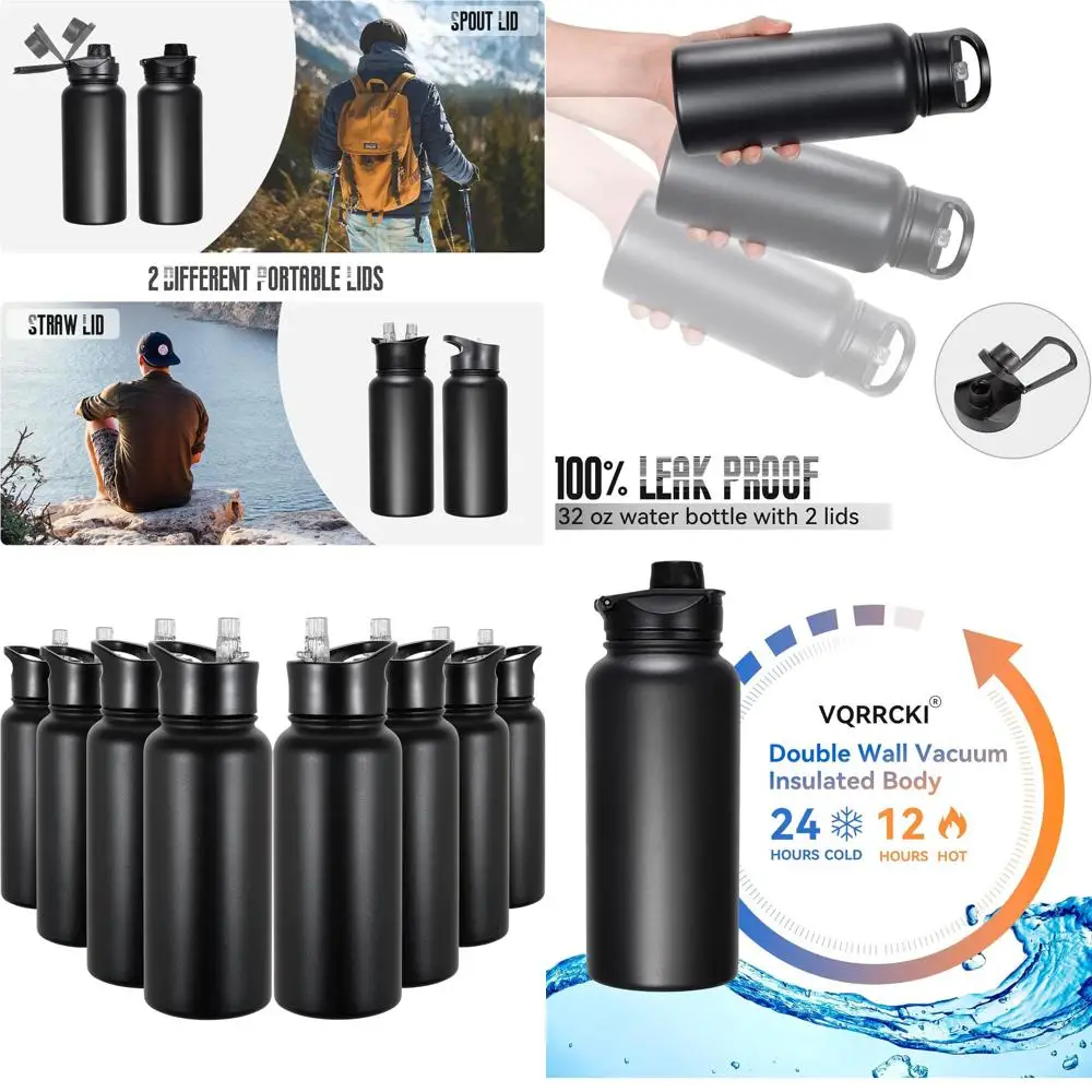 

Набор из 8 термобутылок из нержавеющей стали с соломинкой и крышками с широким горлышком, двойные стенки, герметичные, черные