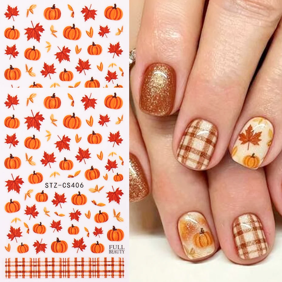 2 Stück Niedliche Kürbis-Nagelaufkleber Herbst-Ahornblatt-Karo-Klebefolien Herbst-Thanksgiving-Nageldesign-Zubehör – Detail 3