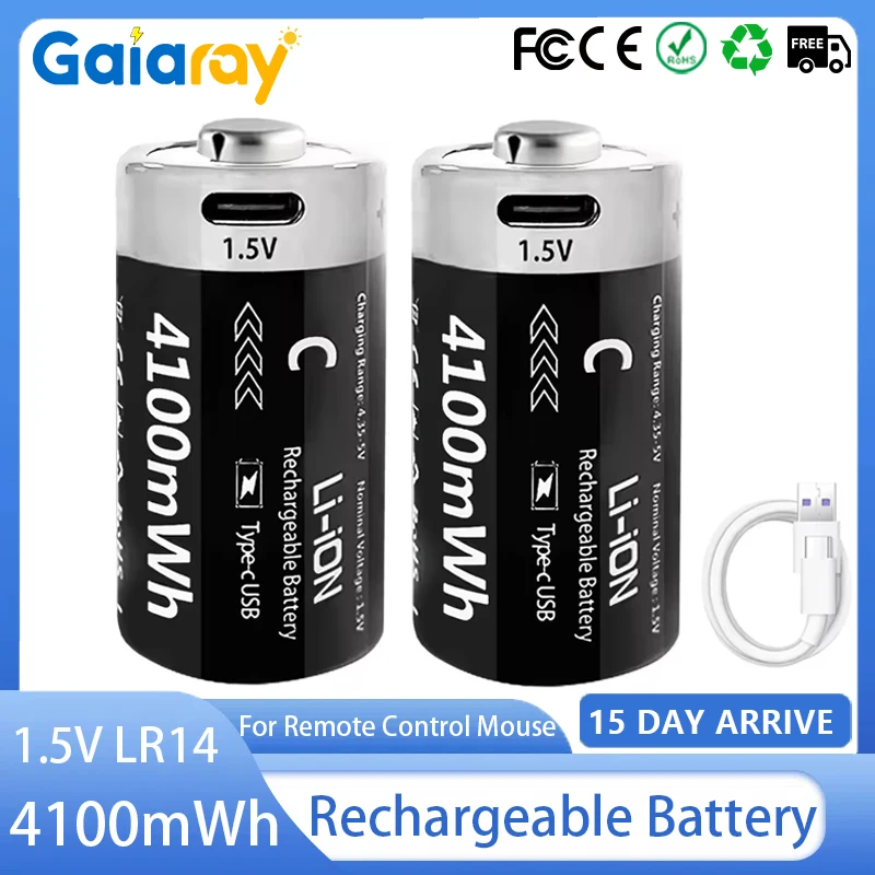 1.5V 4100mWh Rechargeable Battery USB Type-C Batteries C Size LR14 Lithium-ion C-Cell Battery for Flashlight Radio Clock Toys