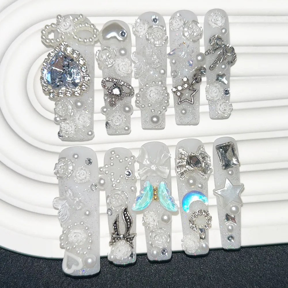 10PCS Cute Jirai Kei White Handmade Press On Nails 3D Bow Star Rose Love Diamond Glitter Fake Nails Spicy Girl Y2K Long Nail Art view 3