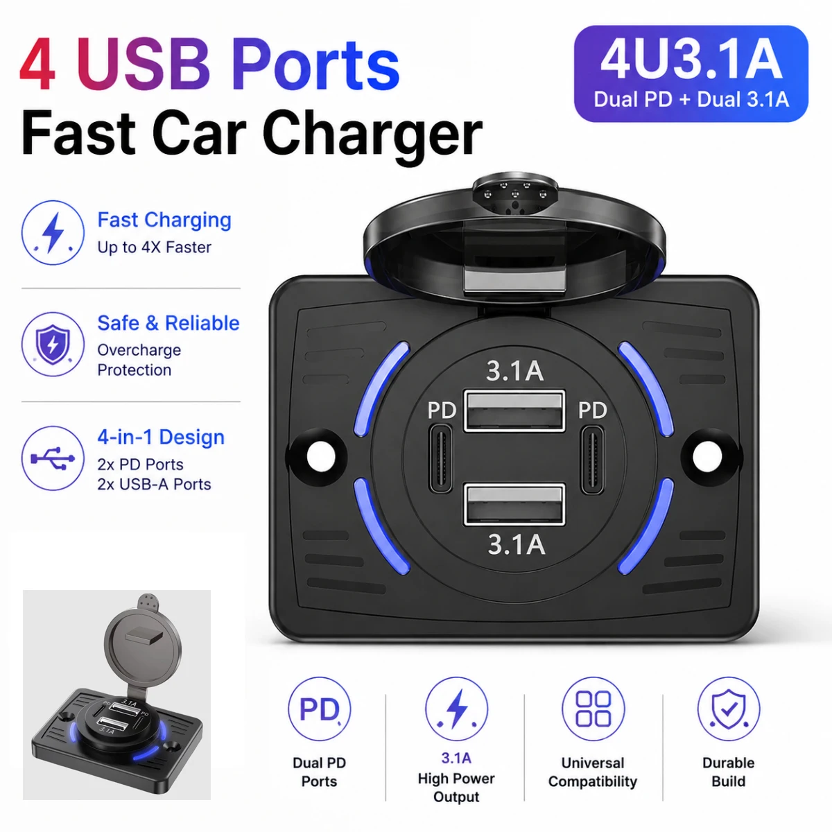 12V/24V Car Charger Dual USB PD Fast Charging Adapter with Sliding Cap Outlet Panel Adapter Car Accessories for Truck Camper RV