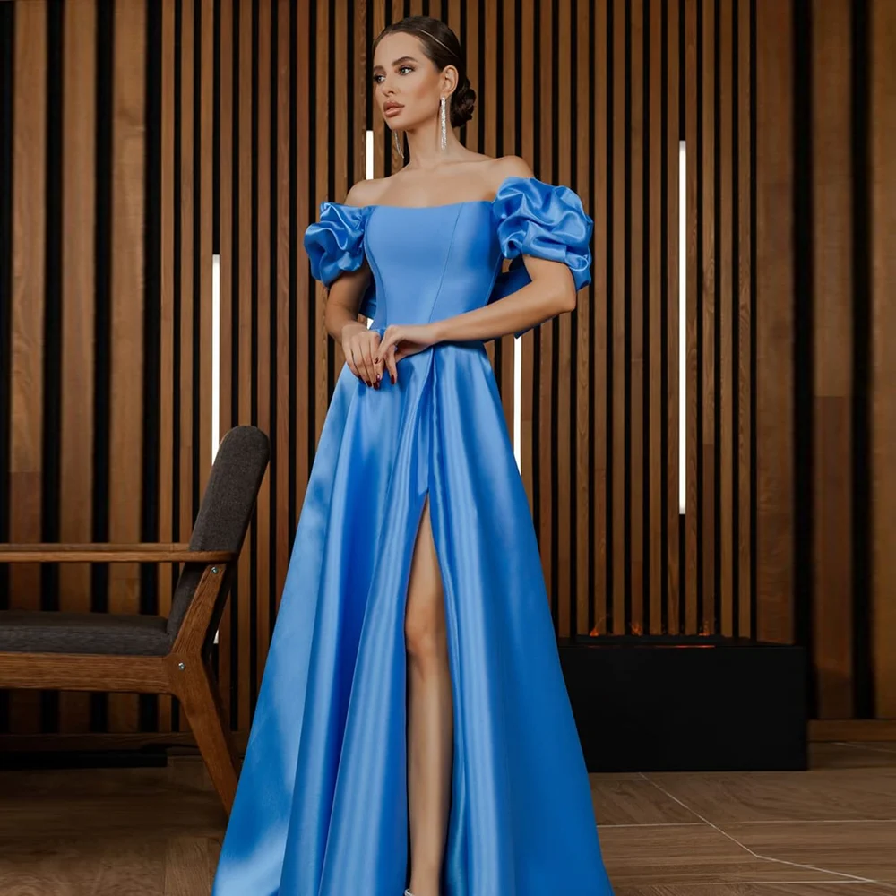 

Modest Boat Collar Satin A-line Evening Party Dress Court Side Slit Sleeveless Prom Bridal Gown with Puff Sleeve Customized