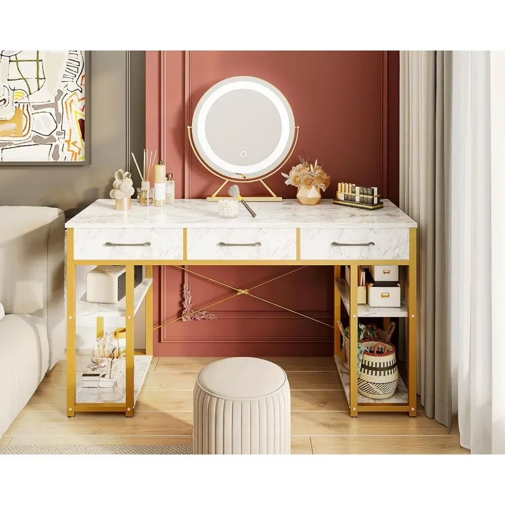 Vanity Desk with Fabric Drawers & Storage Shelves, Makeup Dressing Table, Home Office Desks for Bedroom, Modern Writing Desk