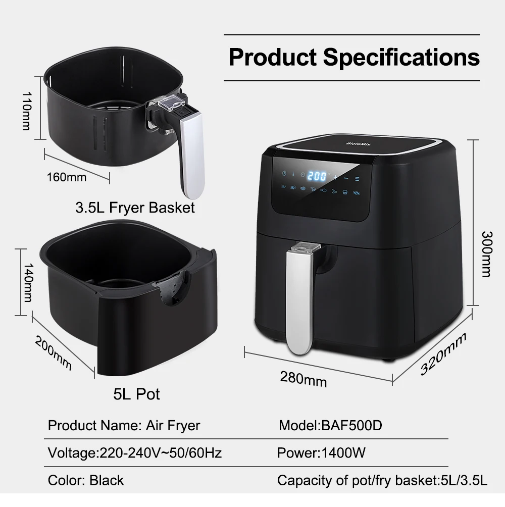 Biolomix Lucht Friteuse Een Touch Screen Met 8 Koken Functies, Anti-aanbak Dubbele Pot, 5L Zwart Oilless Air Friteuses Oven